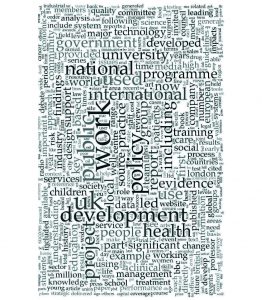 Figure 1: Word Cloud of REF 2014 Impact Case Studies Descriptions